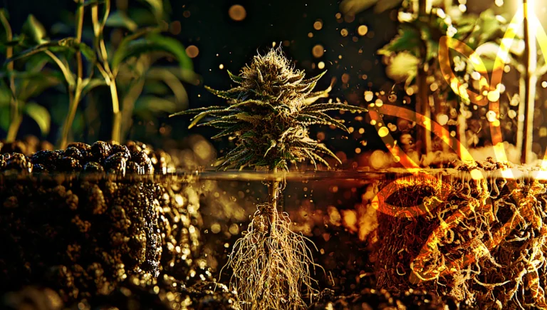 Cannabis growing in soil, coco and hydroponic root systems.