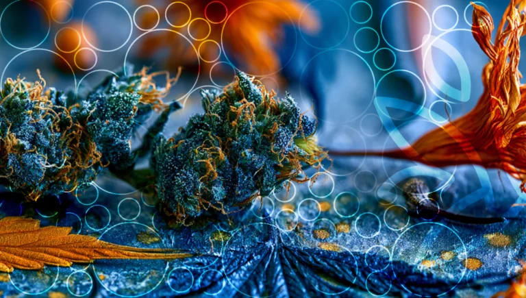 Cannabis flower photography, microscope detail and spectral analysis graphics